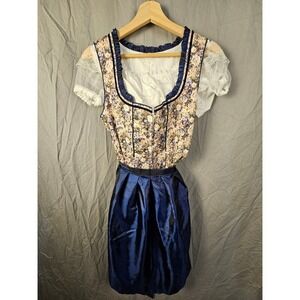 Fashion Womens Floral Dirndl 3-Piece Set Oktoberfest Dress Blue Apron Size S
